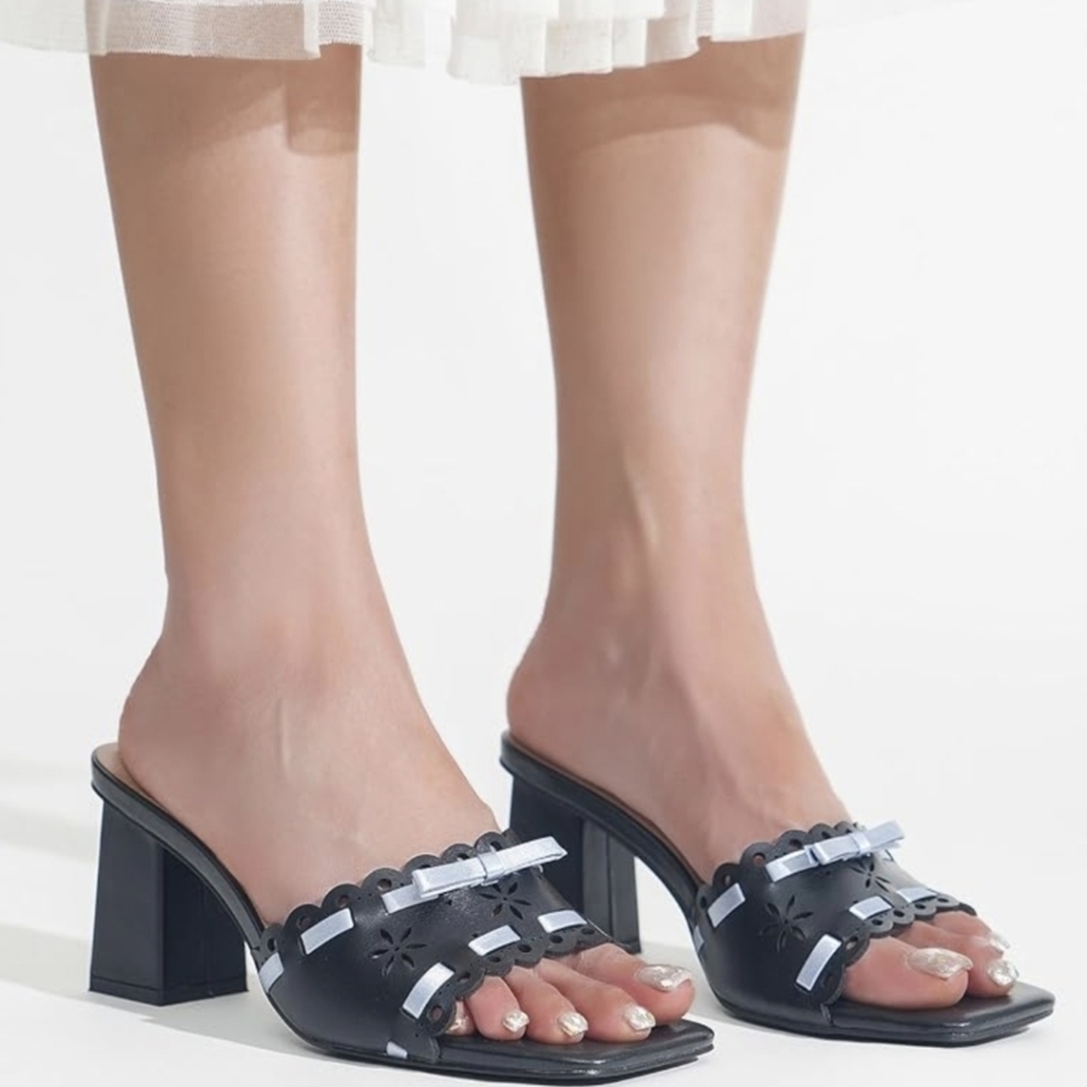 Black W/ Sky Blue Ribbon, Block Heeled Open Toed Mules - New Size 8 & 11 - Picture 3 of 8